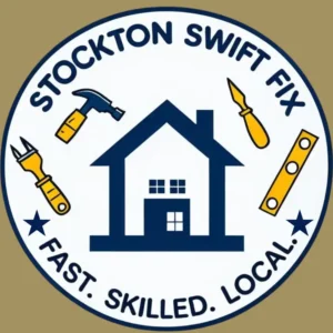 Logo for Stockton Swift Fix featuring house and tool icons with the brand promise “Fast. Skilled. Local.”