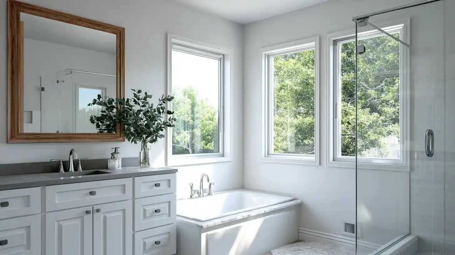 Modern bathroom renovation with white cabinets, gray countertops, soaking tub, glass shower, and bright windows by Stockton Swift Fix in Stockton CA.
