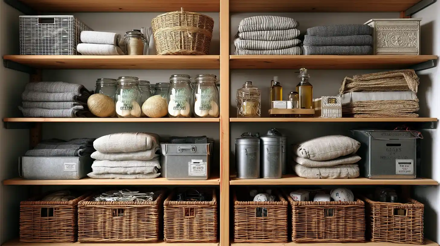 custom-carpentry-stockton-ca-handyman-repair-swiftfix Organized linen closet with baskets and storage showing Stockton Swift Fix handyman home organization services in Stockton CA, delivering tailored storage solutions