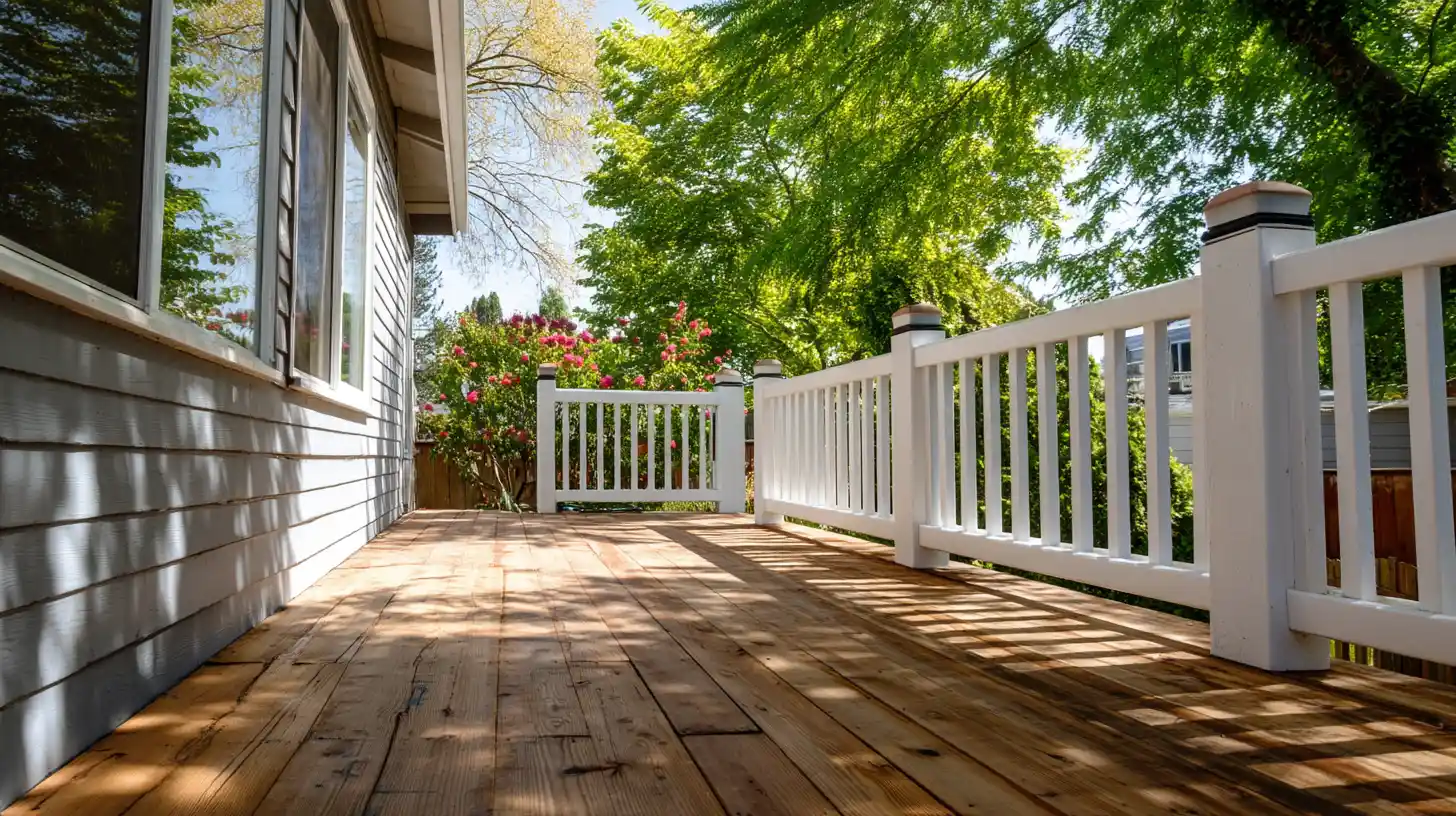 Freshly repaired and cleaned deck with white railing showing Stockton Swift Fix handyman deck repair services in Stockton CA, enhancing outdoor living spaces