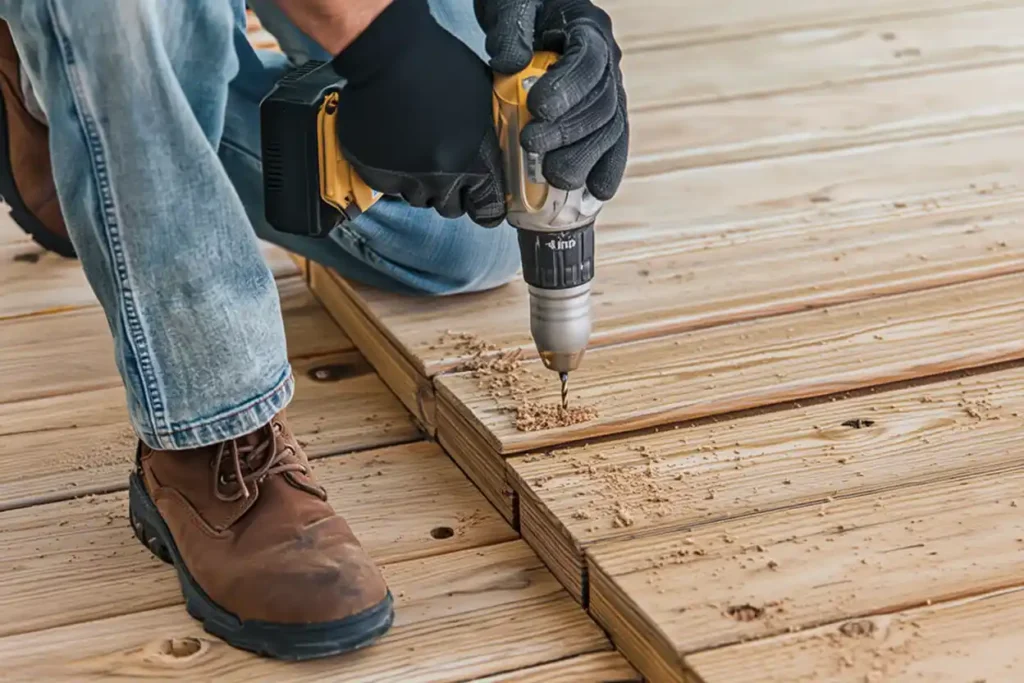 Handyman drilling into deck boards showing Stockton Swift Fix deck construction services in Stockton CA for outdoor living spaces