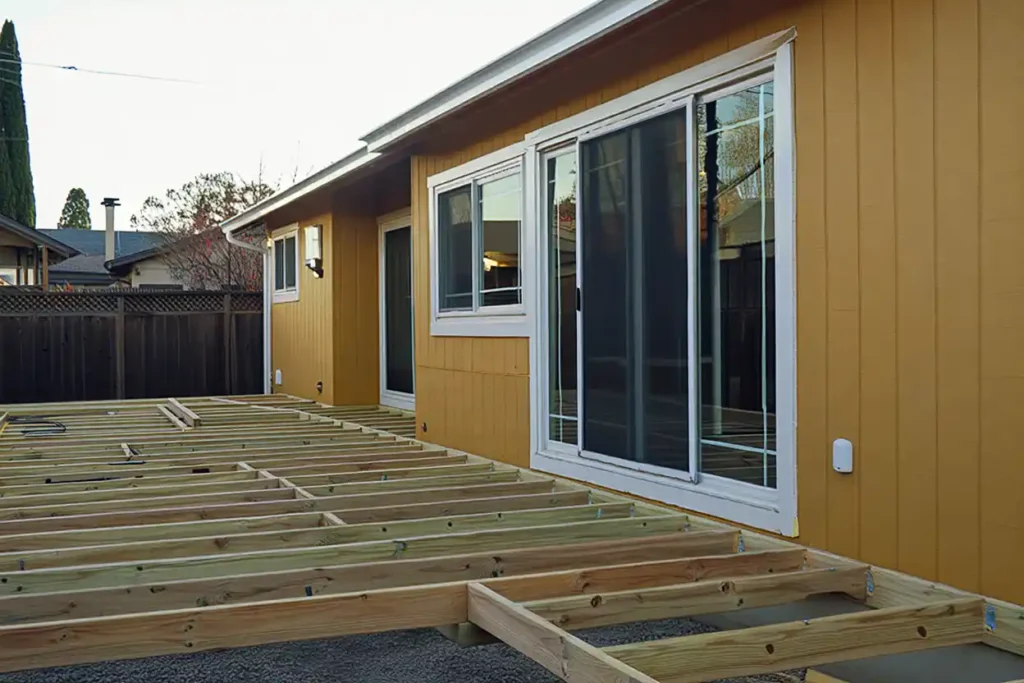 Handyman installing deck boards showing Stockton Swift Fix deck installation services in Stockton CA for finishing outdoor construction projects