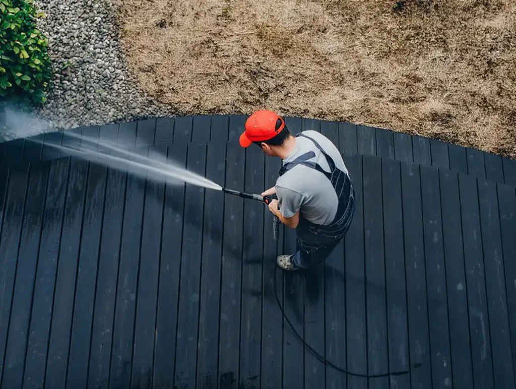 Worker pressure washing deck boards showing Stockton Swift Fix deck cleaning services in Stockton CA for maintenance and restoration