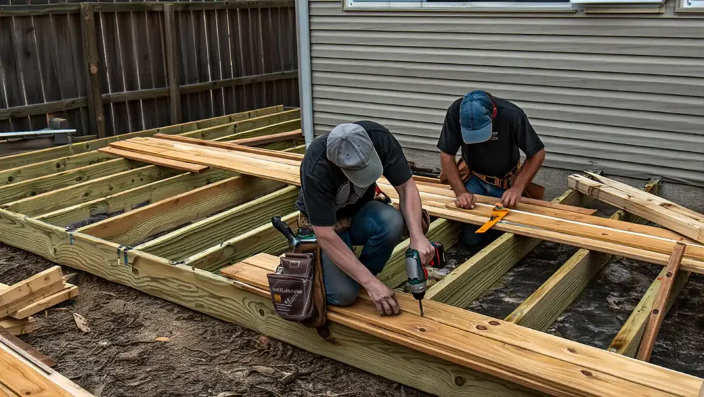 Two workers building deck frame structure showing Stockton Swift Fix deck framing services in Stockton CA for structural foundation work