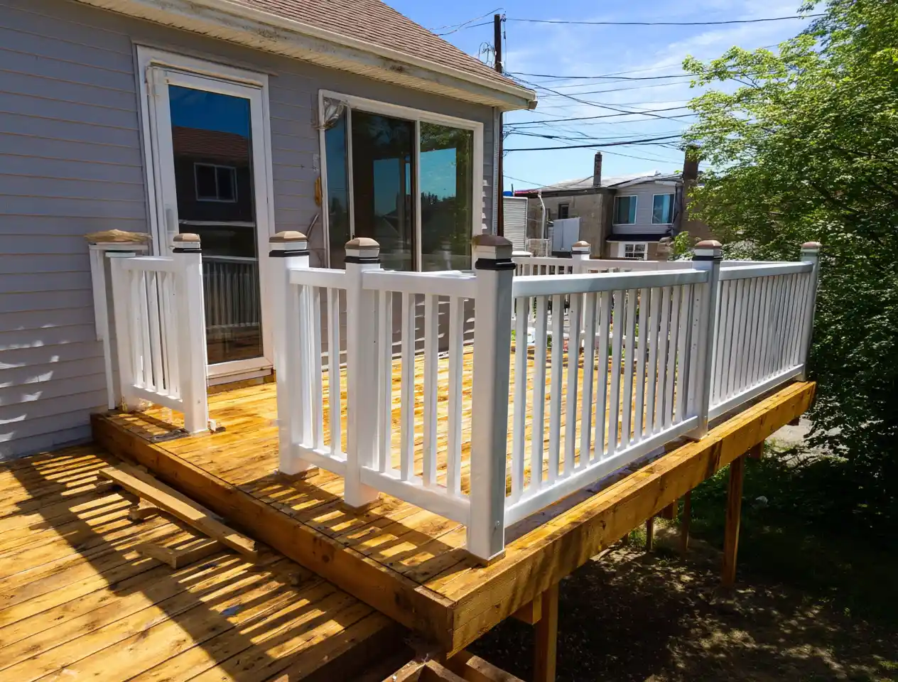New wood deck with white railing attached to home showing Stockton Swift Fix handyman deck installation services in Stockton CA with code-compliant railings