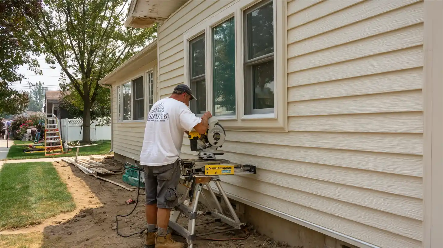 Handyman using saw by house siding showing Stockton Swift Fix handyman exterior siding repair services in Stockton CA, replacing and fixing siding for California climate
