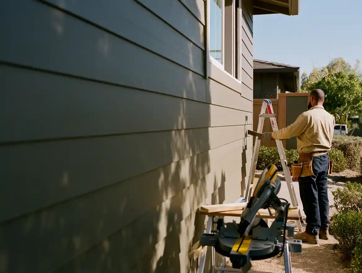 Handyman on ladder repairing exterior siding showing Stockton Swift Fix handyman siding repair services in Stockton CA for weather protection and curb appeal
