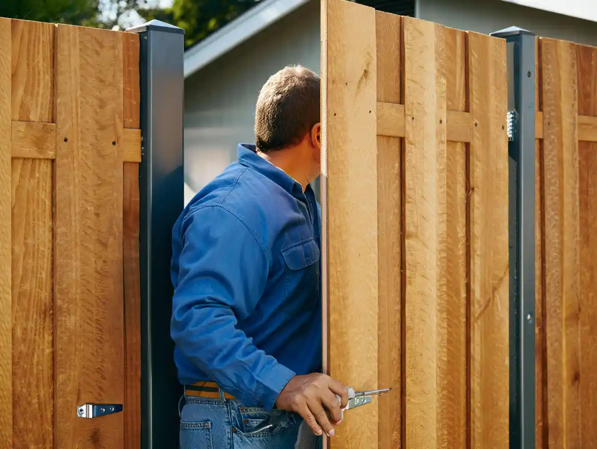 Handyman installing wooden fence gate hardware showing Stockton Swift Fix handyman fence installation services in Stockton CA for privacy and security