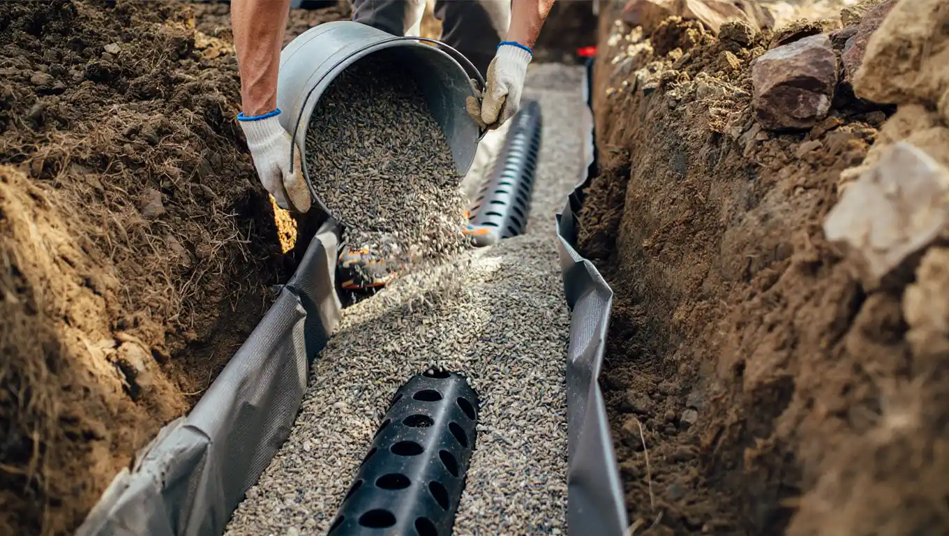 Handyman adding gravel around perforated pipe showing Stockton Swift Fix handyman French drain installation services in Stockton CA for yard drainage