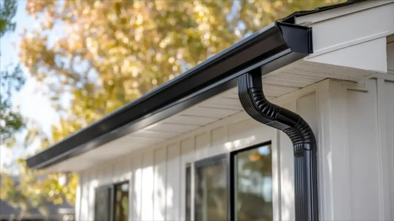 Seamless black gutter and downspout on white eave showing Stockton Swift Fix handyman gutter installation services in Stockton CA with proper slope for drainage