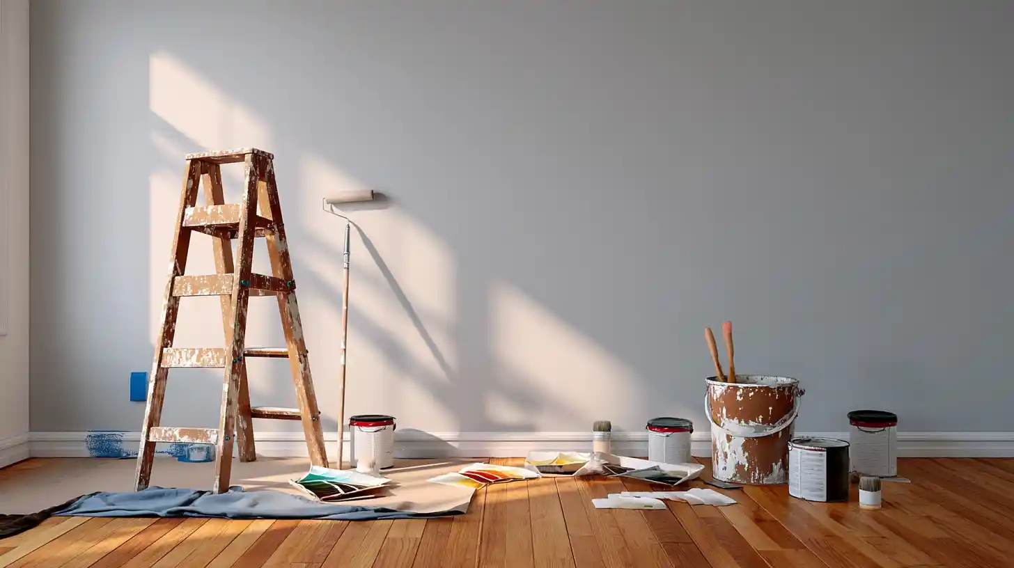 Ladder, roller, and paint cans staged for wall painting showing Stockton Swift Fix handyman interior painting services in Stockton CA with careful surface prep