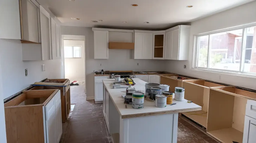 In-progress white kitchen cabinet installation showing Stockton Swift Fix handyman kitchen cabinet installation services in Stockton CA for remodels and upgrades