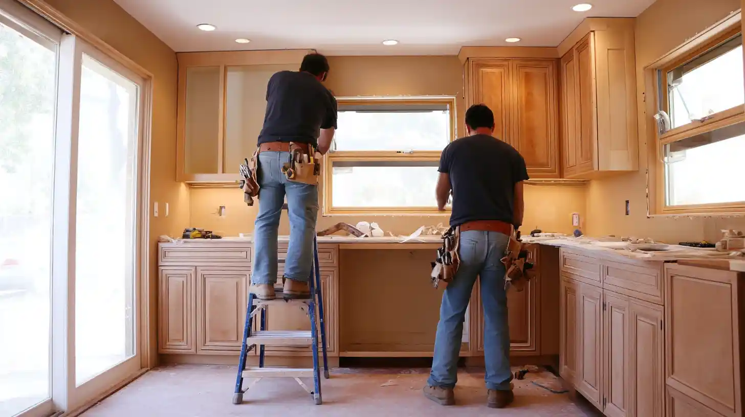 Two handymen installing kitchen cabinets showing Stockton Swift Fix handyman kitchen cabinet installation services in Stockton CA with precise leveling and alignment