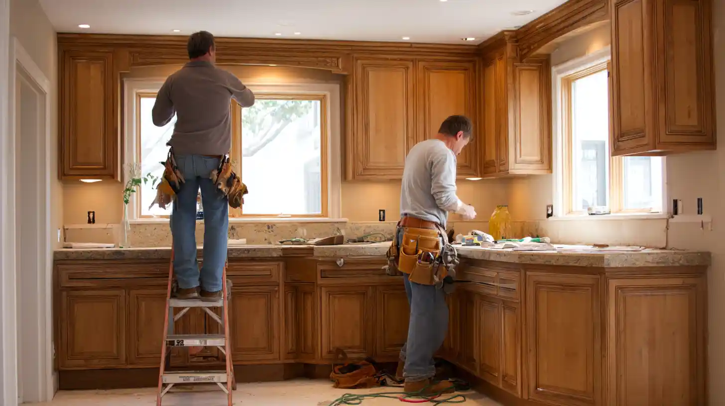 Handymen working on kitchen remodel showing Stockton Swift Fix handyman kitchen remodeling services in Stockton CA, specializing in cabinet, countertop, and fixture upgrades