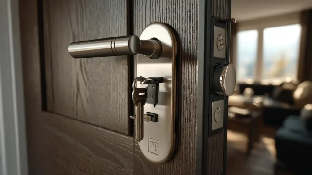 Close-up of key in modern lockset showing Stockton Swift Fix handyman lock installation and repair services in Stockton CA, improving security for local homes