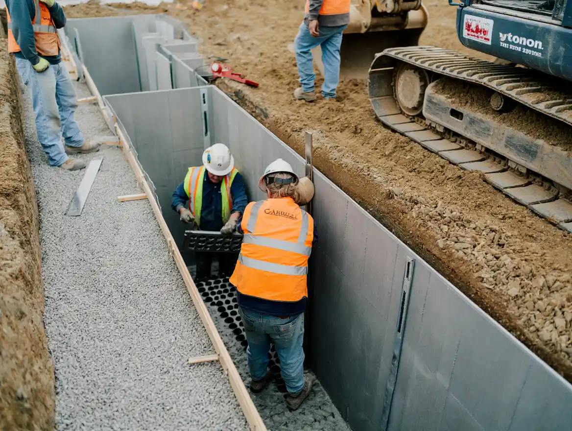 Construction crew installing storm water management system showing Stockton Swift Fix handyman storm water services in Stockton CA for flood prevention