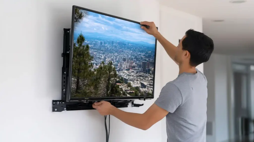 Handyman mounting TV on wall showing Stockton Swift Fix handyman TV mounting services in Stockton CA, creating safe entertainment setups for homes
