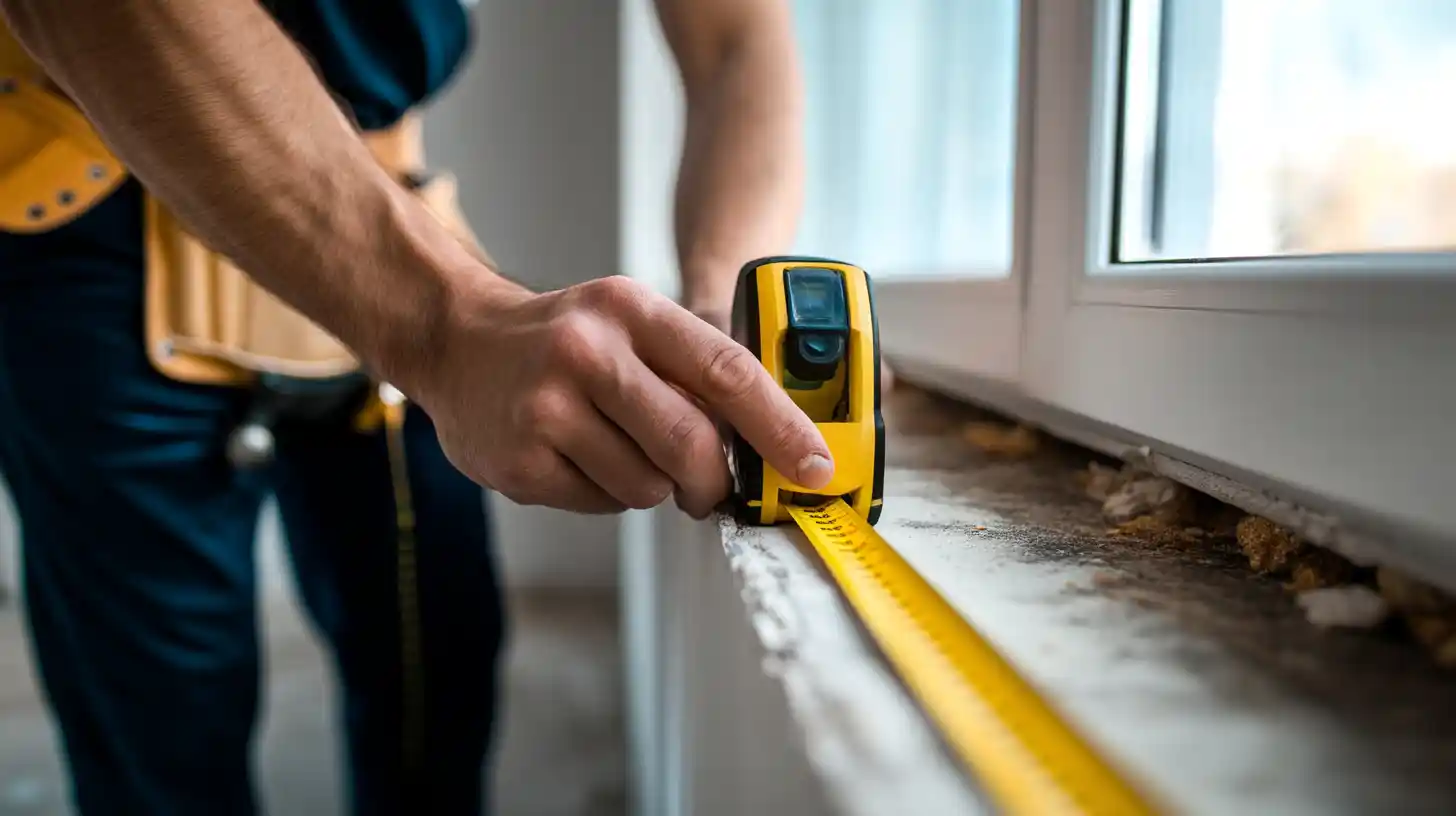 Handyman measuring window frame showing Stockton Swift Fix handyman window measurement and replacement services in Stockton CA, ensuring energy-efficient fit for Central Valley homes