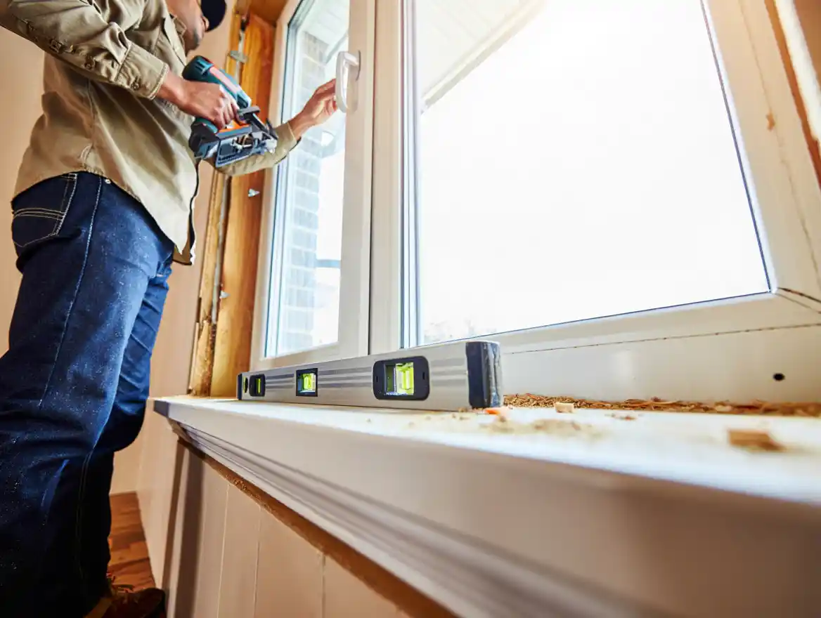 Handyman leveling new vinyl window frame showing Stockton Swift Fix handyman window replacement services in Stockton CA for energy-efficient upgrades