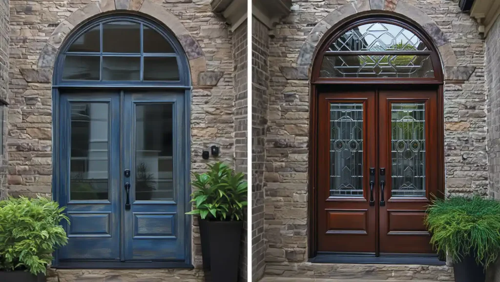 Before and after door replacement by Stockton Swift Fix, showing transformation from faded blue to rich mahogany arched entry door on stone exterior in Stockton CA.