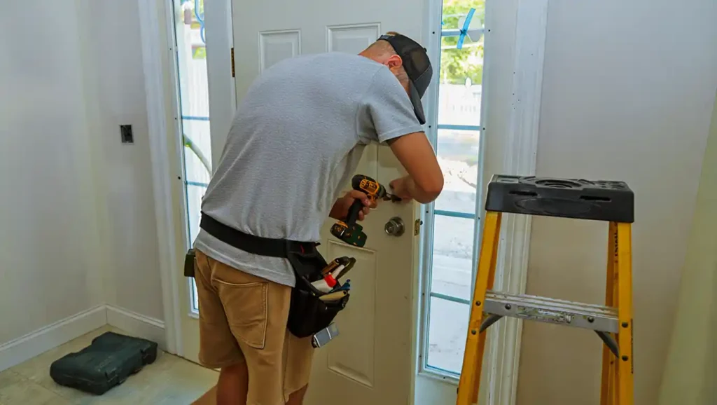 Stockton Swift Fix handyman installing door lockset and hardware on white entry door, providing secure door installation services in Stockton CA.