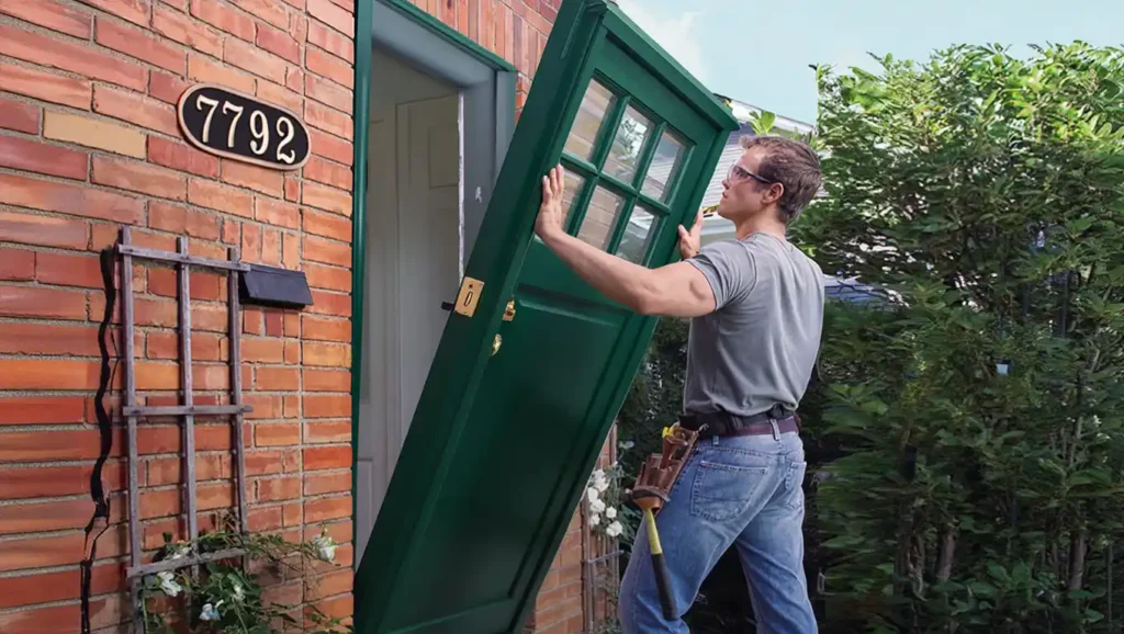 Stockton Swift Fix handyman installing green exterior door at brick home, demonstrating professional door replacement and installation services in Stockton CA.