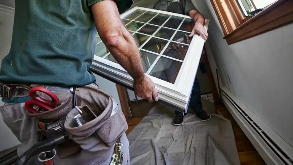 Stockton Swift Fix handyman installing white gridded window replacement, demonstrating professional window installation services for Stockton CA homes.