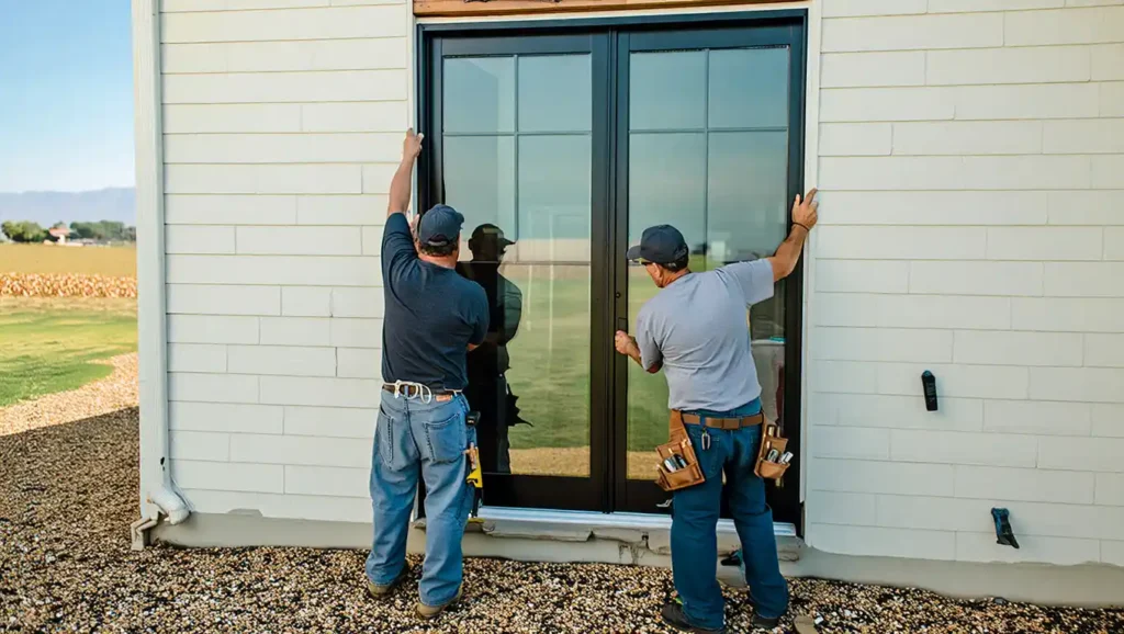 Stockton Swift Fix team installing large black-framed sliding glass patio door on white farmhouse exterior, demonstrating expert door installation services in Stockton CA.