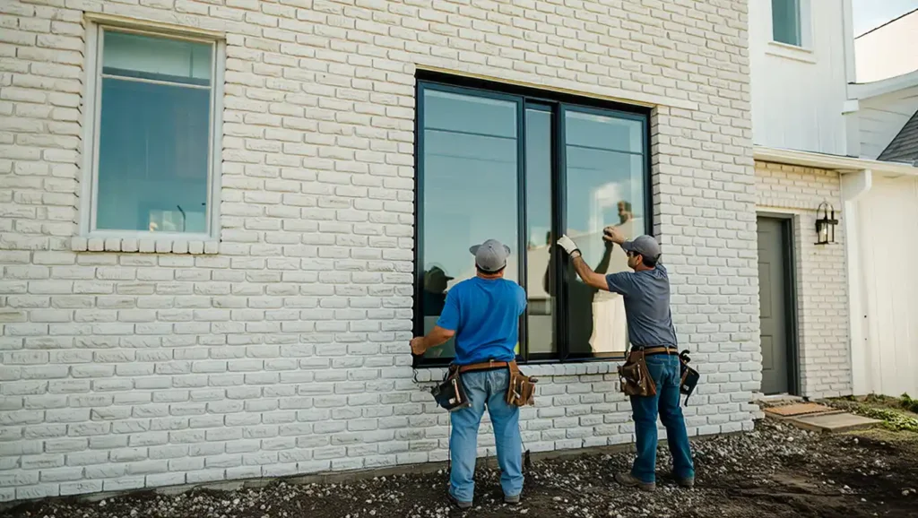 Stockton Swift Fix crew installing black-framed window on white brick exterior, demonstrating professional window replacement services in Stockton CA.