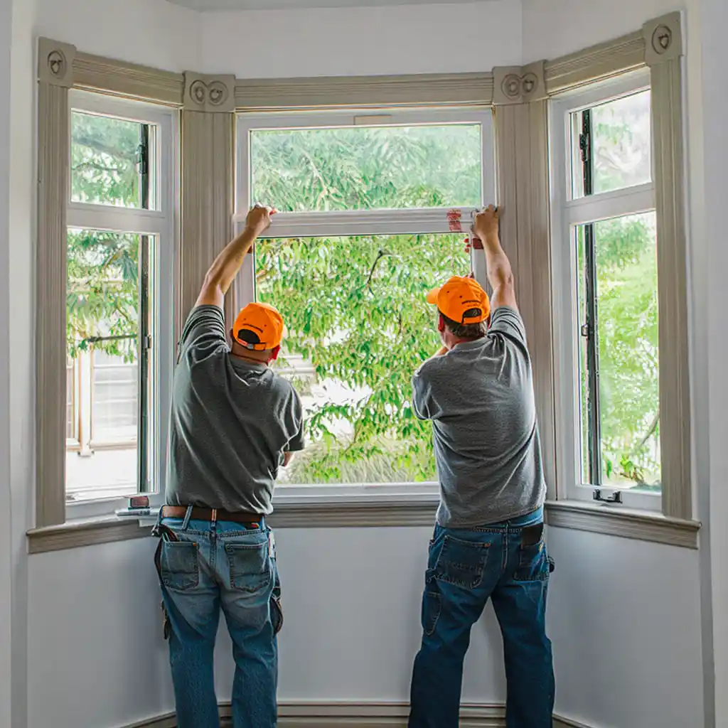 Stockton Swift Fix team in orange caps installing bay window from interior, showing precise window replacement services for Stockton CA homes.
