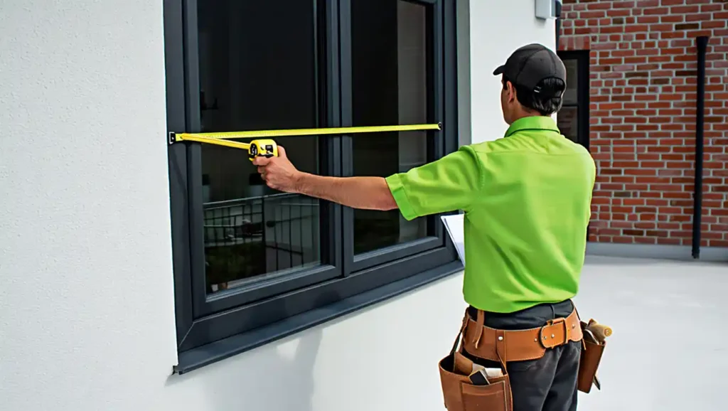 Stockton Swift Fix handyman in green shirt measuring black-framed sliding window for precise installation on Stockton CA home exterior.