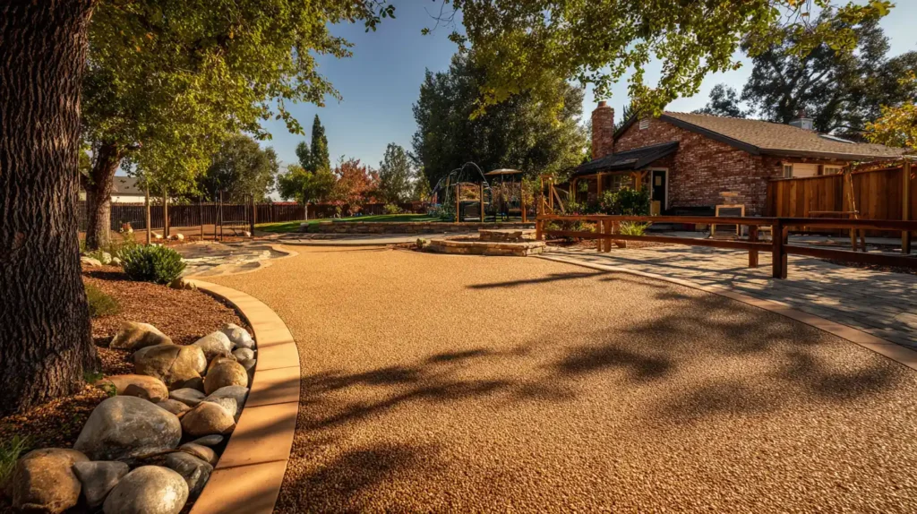 Complete backyard transformation with decomposed granite pathways, drainage, playground equipment, and wood deck by Stockton Swift Fix in Stockton CA.