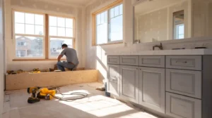 Bathroom remodel under construction with handyman installing cabinets and fixtures with bright windows in Stockton CA by Stockton Swift Fix.