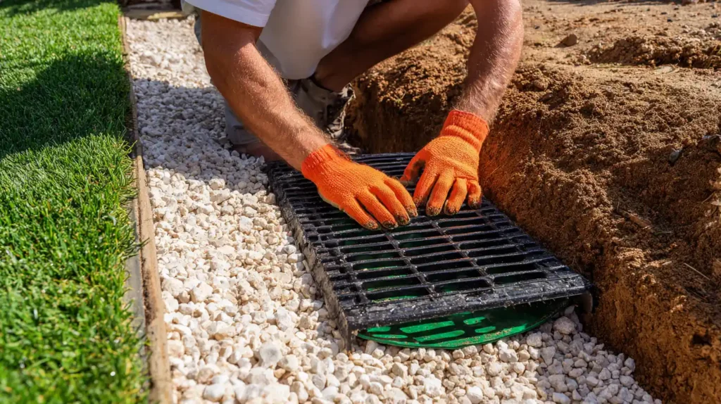 Close-up of Stockton Swift Fix professional in orange gloves installing black catch basin drainage grate over gravel base in Stockton CA.