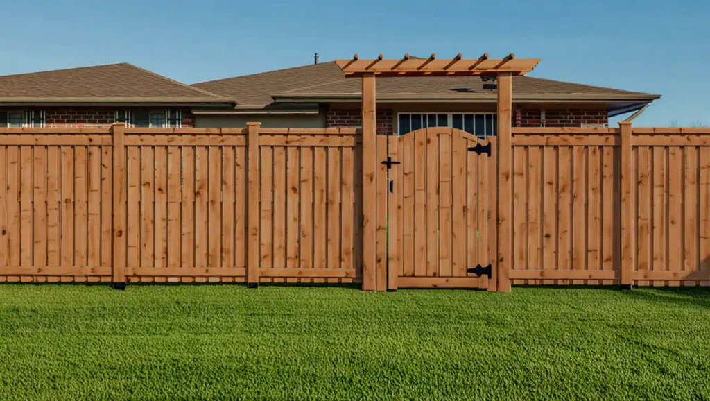 Cedar fence with arched gate and pergola detail in residential backyard, showcasing premium fence installation by Stockton Swift Fix in Stockton CA.