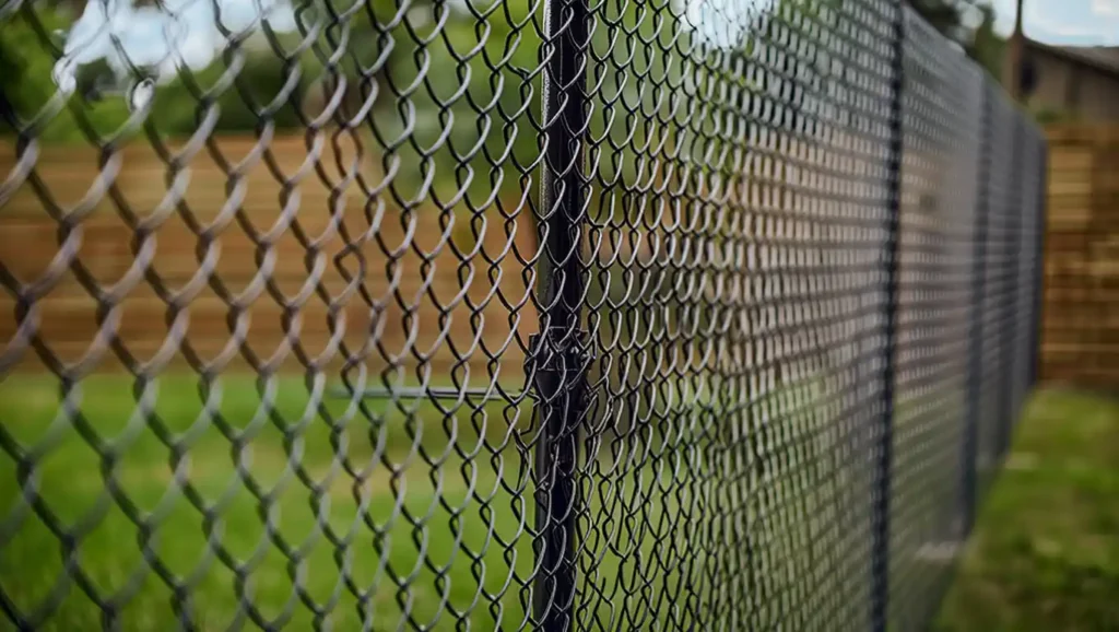 Close-up of chain-link fence mesh showing professional installation quality by Stockton Swift Fix in Stockton CA.