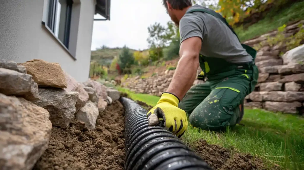 Stockton Swift Fix professional in yellow gloves installing black corrugated drainage pipe along stone foundation in Stockton CA.