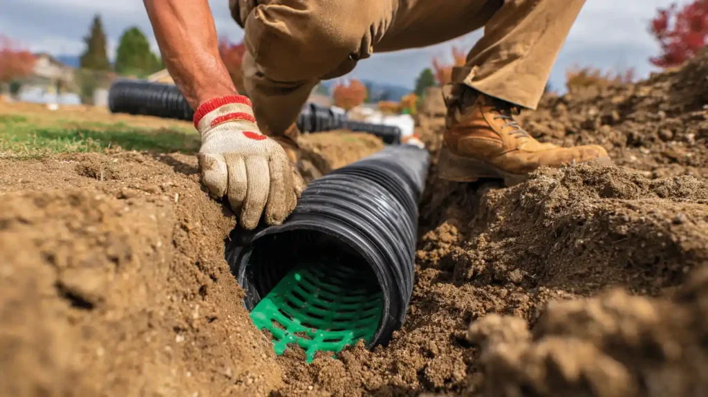 Close-up of Stockton Swift Fix professional installing black corrugated drainage pipe with green grate in Stockton CA yard.