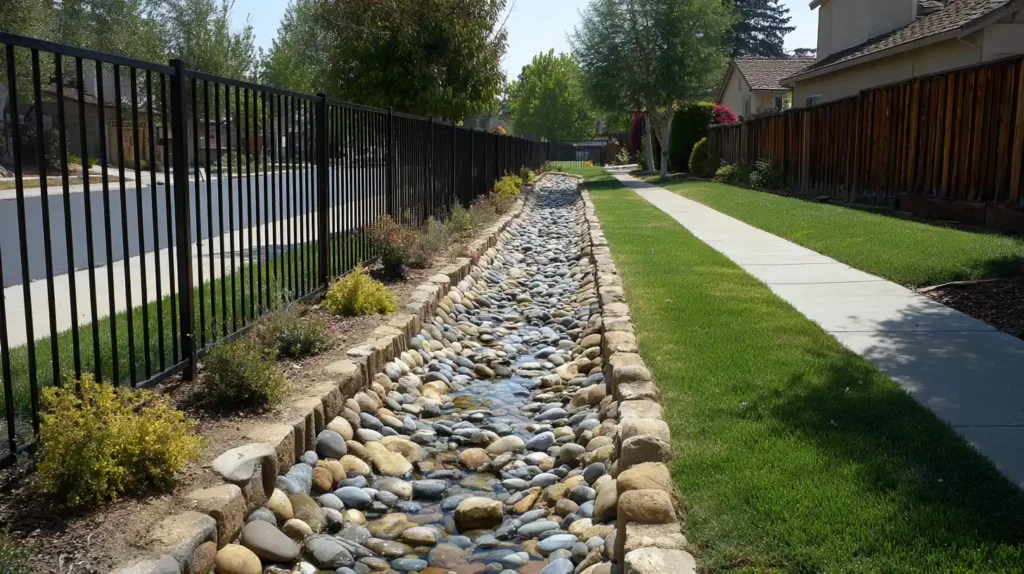 Decorative drainage swale with river rock and stone edging along black ornamental fence, showcasing professional landscaping by Stockton Swift Fix in Stockton CA.