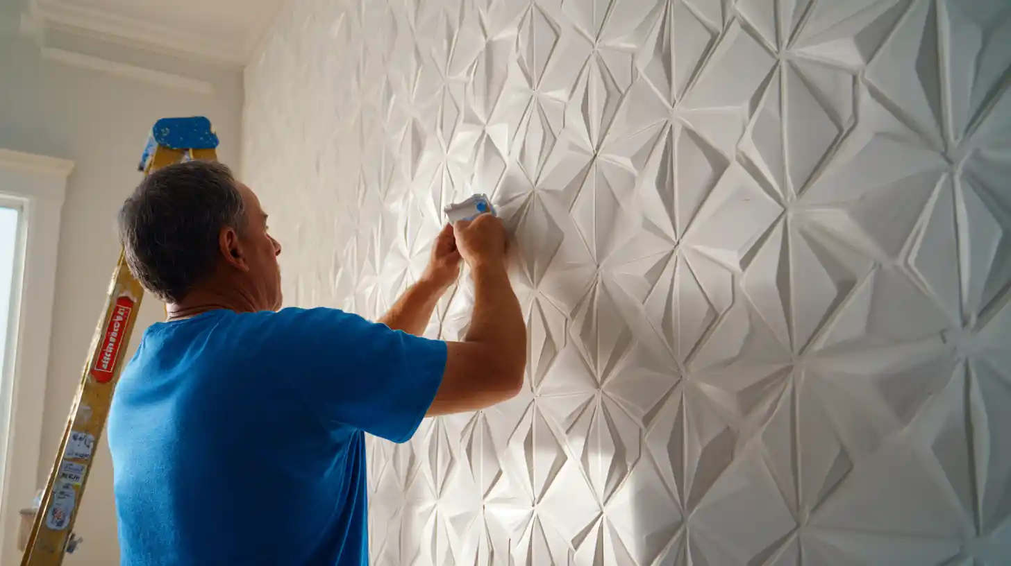 Installation of decorative 3D textured wall panels during bathroom renovation in Stockton California