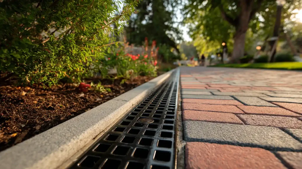 Black drainage channel grate along paver driveway with mulch landscaping, showing professional drainage installation by Stockton Swift Fix in Stockton CA.