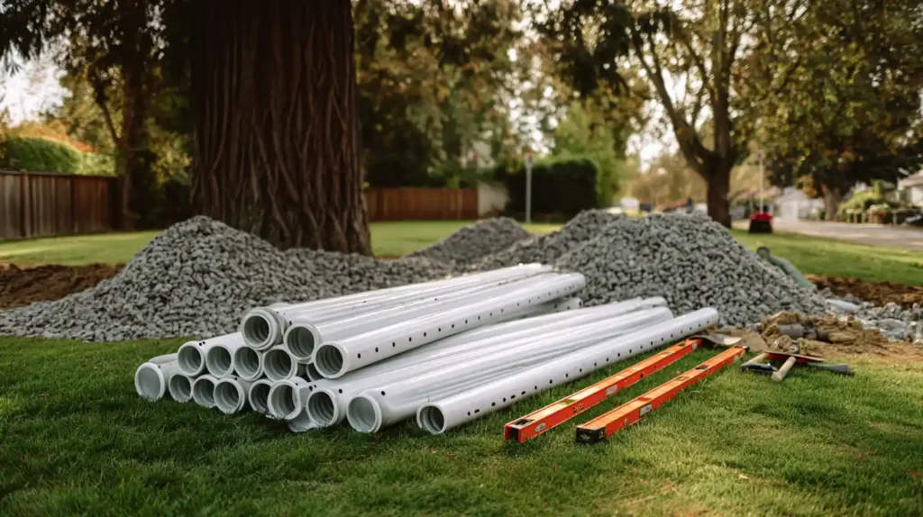 Drainage materials including white perforated pipes, gravel piles, and tools staged for professional drainage installation by Stockton Swift Fix in Stockton CA yard.