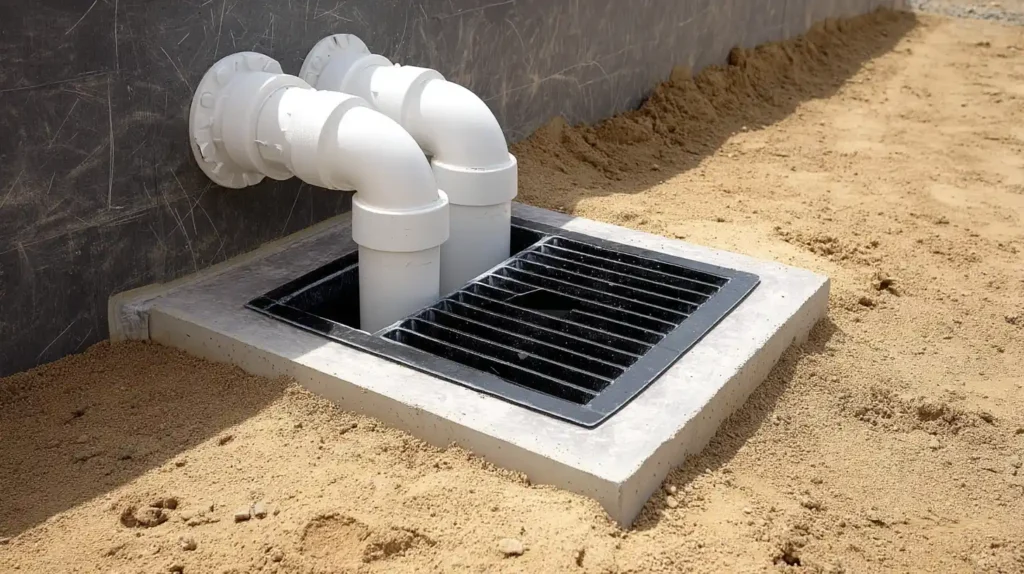 White PVC drainage outlet with black grate on concrete pad showing professional drainage system installation by Stockton Swift Fix in Stockton CA.