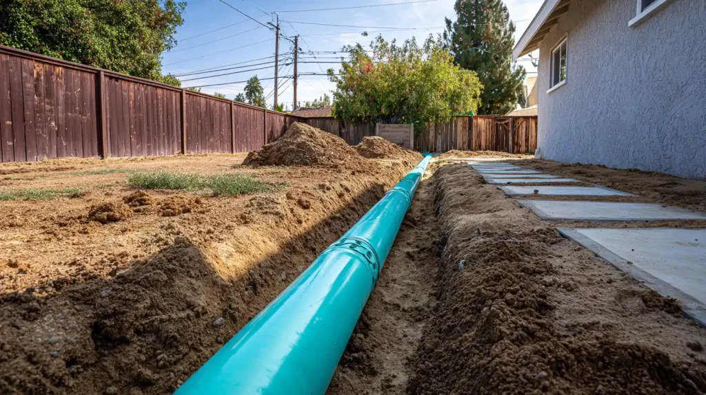 Blue drainage pipe installed in backyard trench showing professional drainage system work by Stockton Swift Fix in Stockton CA.