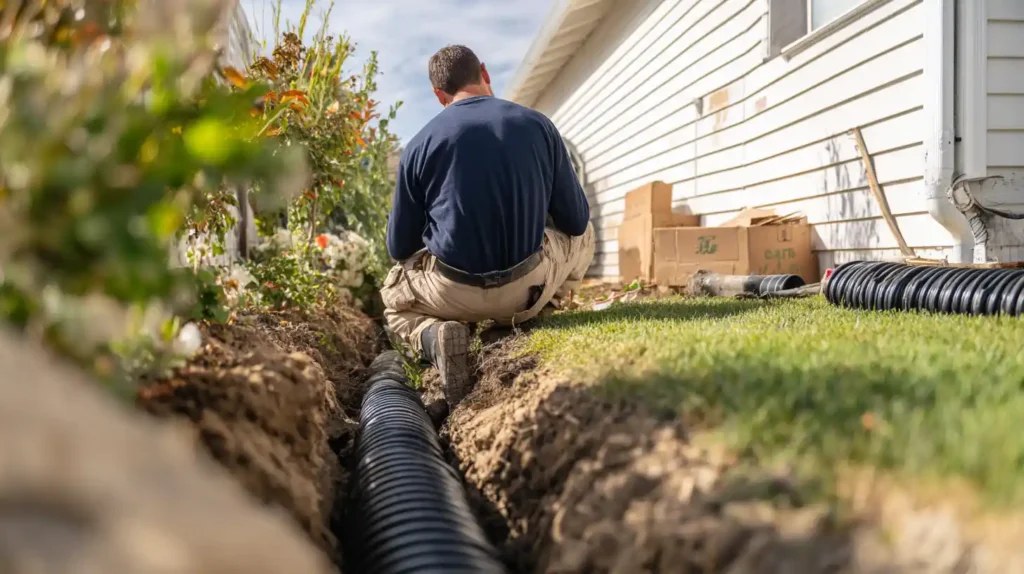 Stockton Swift Fix professional installing black corrugated drainage pipe along residential foundation in Stockton CA to prevent water damage.
