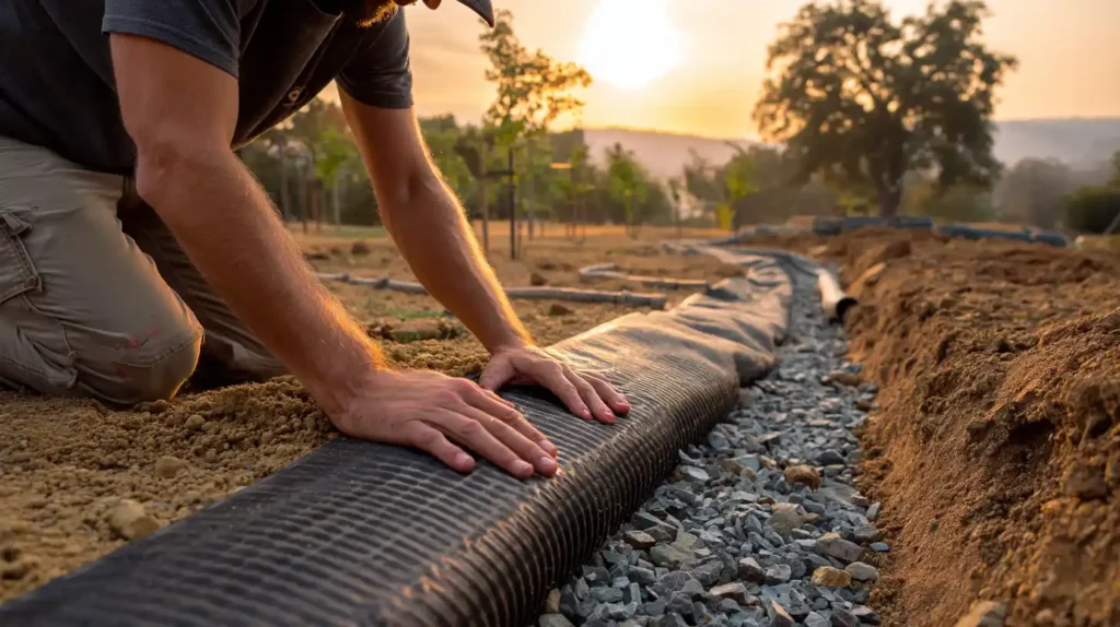 Close-up of Stockton Swift Fix professional installing black corrugated drainage pipe at sunset, demonstrating expert drainage work in Stockton CA.