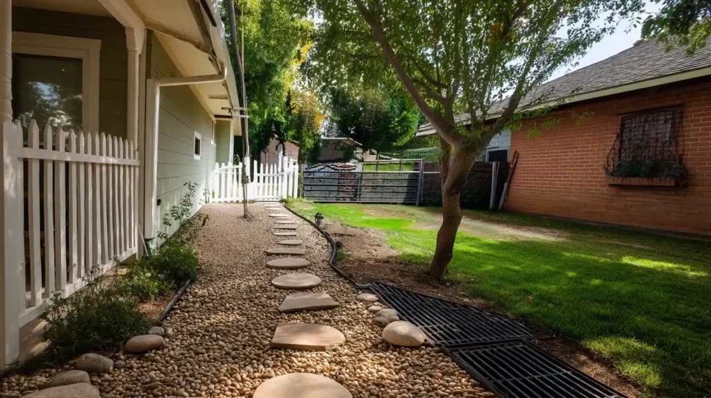 Completed drainage and landscape project with stepping stone walkway and gravel by Stockton Swift Fix in Stockton CA side yard.