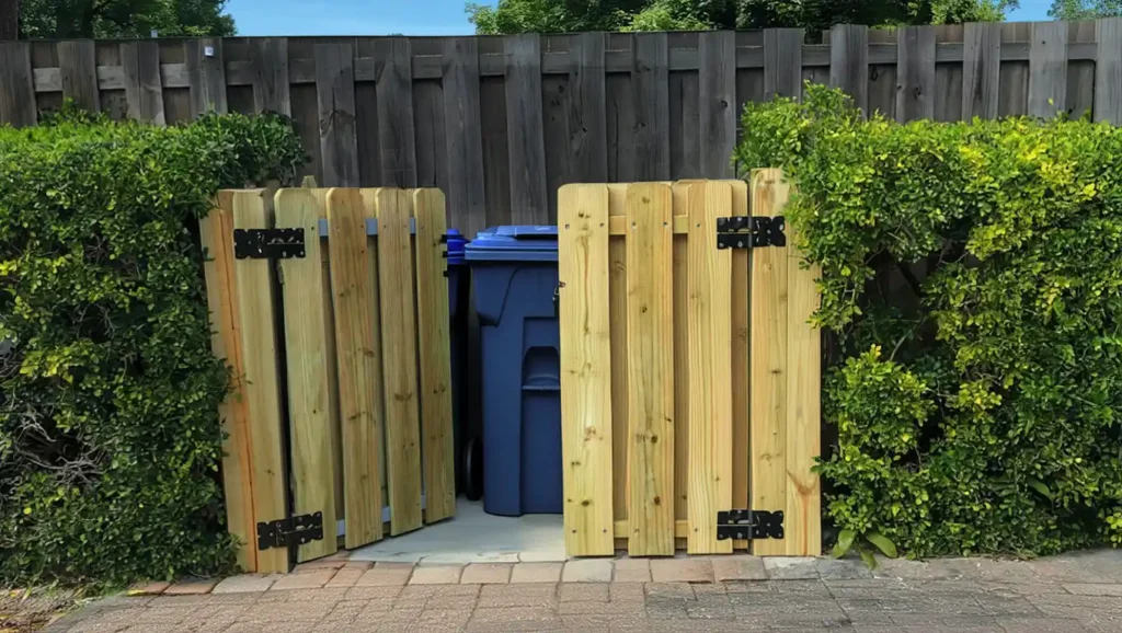 Custom wood dumpster enclosure with double gates installed by Stockton Swift Fix, providing secure waste management for Stockton CA commercial properties.