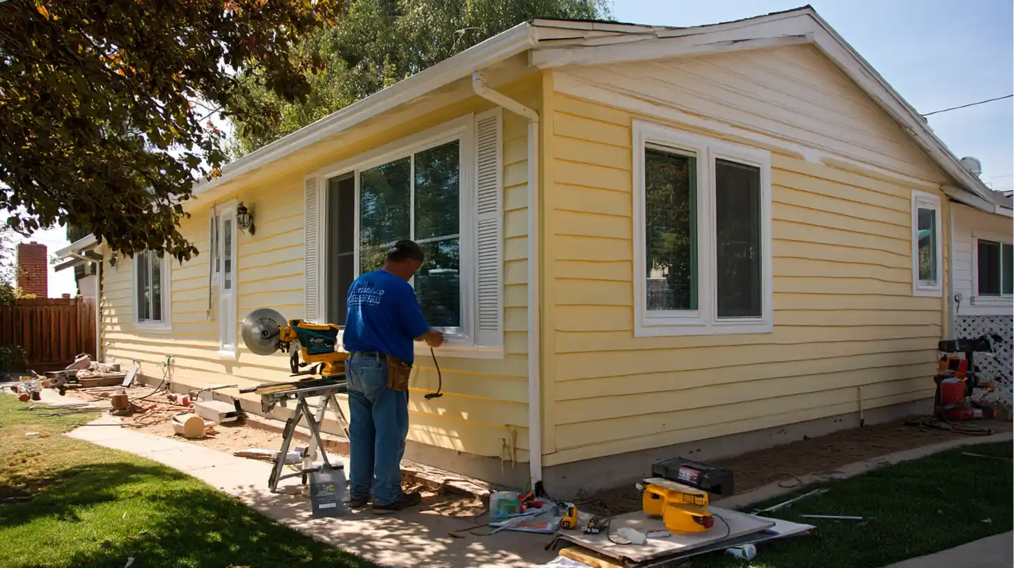 Exterior vinyl siding installation work being performed by handyman crew in Stockton California