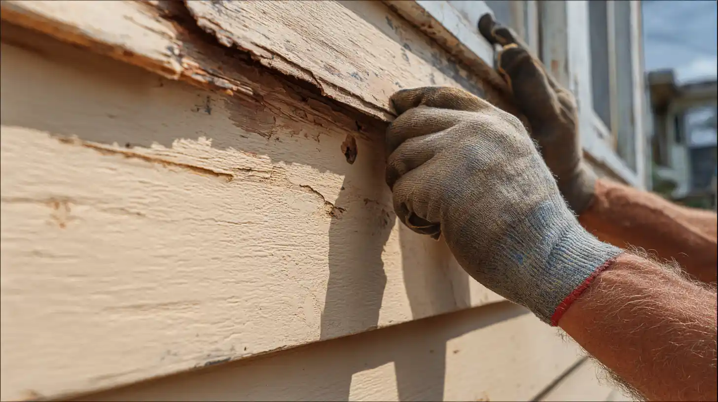 Hands repairing rotted exterior wood trim showing damage requiring replacement on Stockton CA home